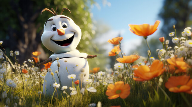 A jubilant snowman enjoys the company of orange poppies and daisies in a lush field, a whimsical blend of seasons.