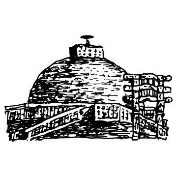 recommend clip art: The Great Stupa at Sanchi. Ancient Buddhist monument in India. Hand drawn linear doodle rough sketch. Black silhouette on white background.