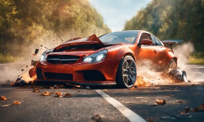 Two cars accident crash on road insurance case. Luxury Sport car crash. Dangerous on the road. Fire, flame, sparks, smoke