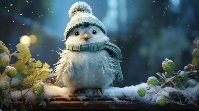 A snowbird clad in a cozy blue hat and scarf perches atop a frosty surface, surrounded by a serene winter scene.