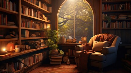 A cozy reading nook with a tablet displaying a Goodreads bookshelf, surrounded by bookshelves filled with novels. - obrazy, fototapety, plakaty