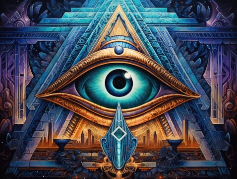 A painting of an all seeing eye, an eye of Horus.