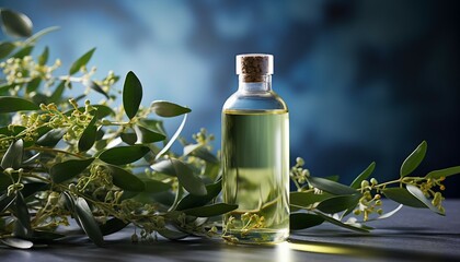 Obraz na płótnie Canvas Bottle of cosmetic oil with eucalyptus branches, Bottle of cosmetic oil with eucalyptus branches
