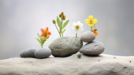 Single fresh blooming flowers on the ground, sand, among stones on a gray background.