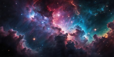 Fototapeta premium Colorful cosmic nebula veiled in space dust, a celestial spectacle. Fantastic space nebula with glowing cosmic clouds on black background. Universe, stars and galaxies clusters of fantastic worlds