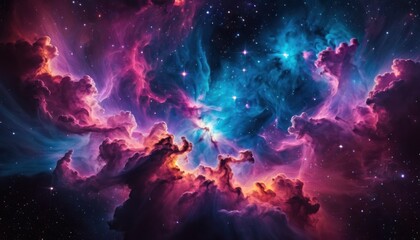 Fototapeta premium Colorful cosmic nebula veiled in space dust, a celestial spectacle. Fantastic space nebula with glowing cosmic clouds on black background. Universe, stars and galaxies clusters of fantastic worlds