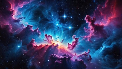 Colorful cosmic nebula veiled in space dust, a celestial spectacle. Fantastic space nebula with glowing cosmic clouds on black background. Universe, stars and galaxies clusters of fantastic worlds