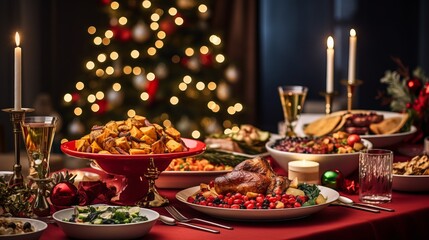 Festive Feast. Christmas Dinner Table Overflowing with Delicious Dishes