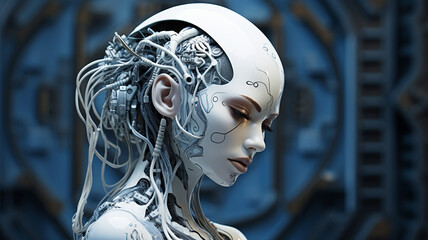 White robot using digital artificial intelligence head. future technological machines of cyber-humans or robots.