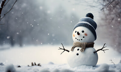 Winter scenery with cute snowmen standing. Generative AI