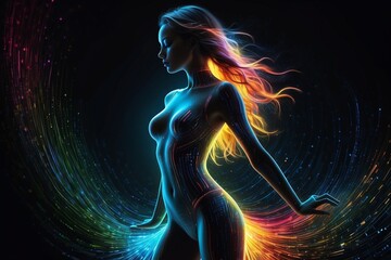 Digital Harmony: Woman in a Vibrant Technological Synthesis