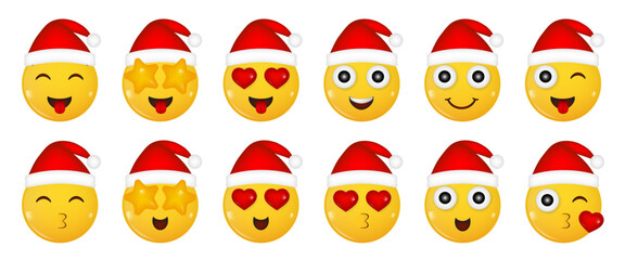 Set of yellow icons of a smiling face. Christmas hat. Happy New Year. Emoji 3d. Heart-shaped eyes. In love smile. Red hearts. Air kiss. Lips. Laughing face showing tongue. Wink
