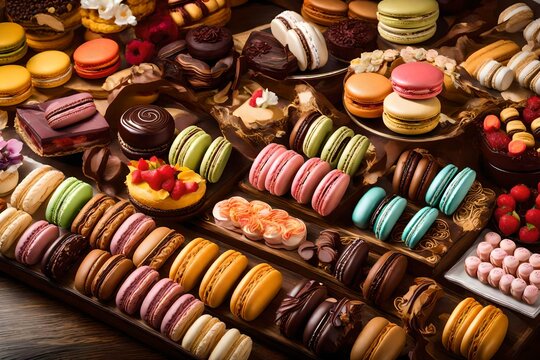an image of an exquisite French patisserie display, featuring a decadent assortment of macarons,