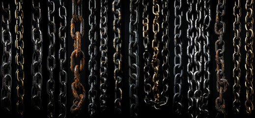 Ultra-wide collage of an intriguing array of hanging chains, each bearing the weathered traces of time, some adorned by a subtle rust patina, expertly juxtaposed against a dramatic black background - obrazy, fototapety, plakaty