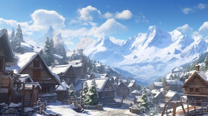 an AI image of a quaint alpine village with snowy rooftops
