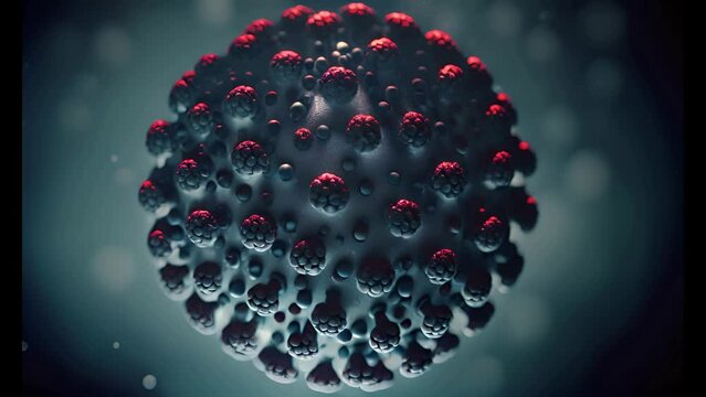 3D animation of a virus. The visuals depict the virus with red spike proteins and a grey envelope. Video motion graphics designed for educational.