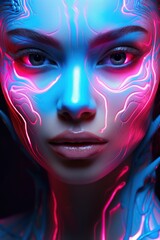 Fototapeta na wymiar a woman's face is lit up with pink and blue light and the image of a woman's face is lit up with pink and blue light.