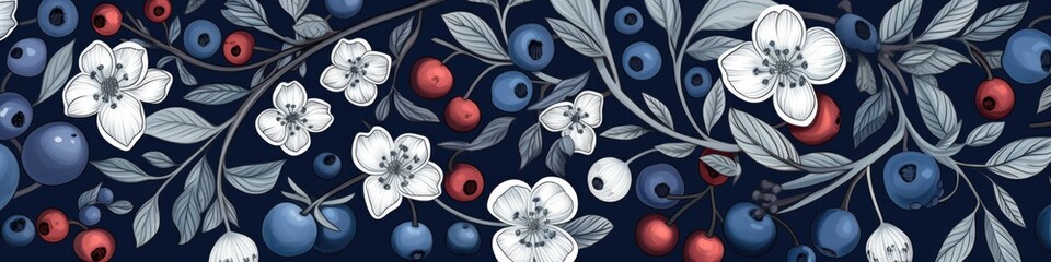 A bunch of blueberries and red berries on a blue background - obrazy, fototapety, plakaty