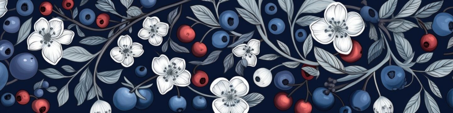 A bunch of blueberries and red berries on a blue background