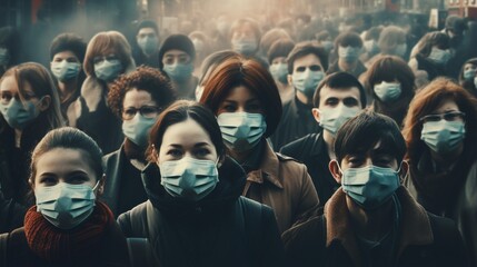 A crowd of people wearing masks, symbolizing the impact of a global pandemic. - obrazy, fototapety, plakaty