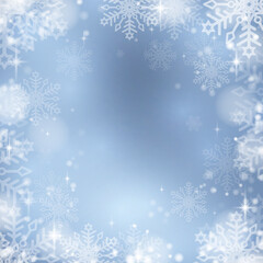 Winter snow background with snowflakes and sparks. Snowfall on a blue background. Christmas background. Falling snow. Vector illustration.