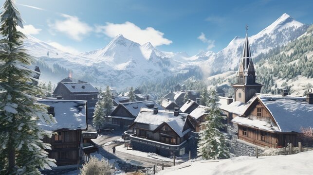 an AI image of a quaint alpine village with snowy rooftops