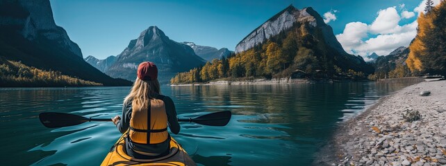 A girl on a yellow canoe is sailing on a mountain lake in calm weather. T Generated by AI. - obrazy, fototapety, plakaty