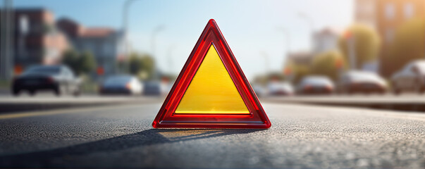 Red emergency safety triangle or stop sign on road. - obrazy, fototapety, plakaty