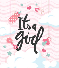 its a girl welcome greeting card for childbirth with hanging baby utensils