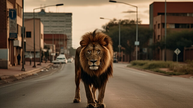 A male lion wanders through an African city AI generative