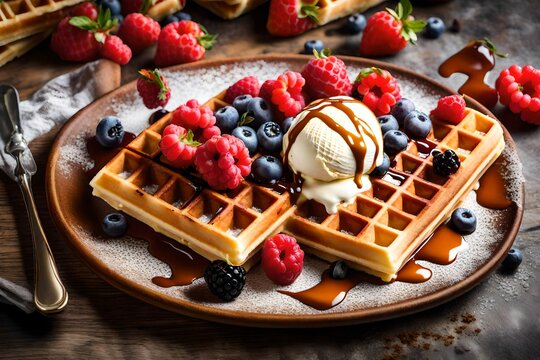 A mouthwatering image featuring a plate of Belgian waffles topped with a generous scoop of ice cream, drizzled with caramel sauce, a