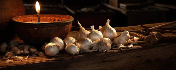 Fresh garlic cloves and bulbs on wooden table. Garlic banner