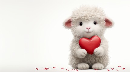Cute sheep holding a red heart on a white background
