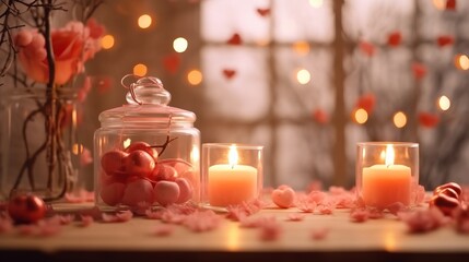 Romantic valentine day background with candles, heart and bokeh