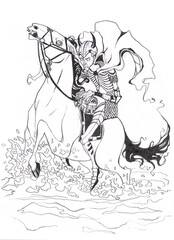 Dynamic line art sketch of a medieval knight charging on a gallant steed, embodying the spirit of chivalry and epic fantasy adventures