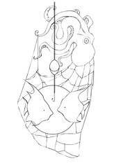 Logo marine concept for seafood restaurant menu design. octopus, fish, a net and a buoy. linear drawing of animals in the composition. children's coloring book. sea ​​creatures black ink drawing	
