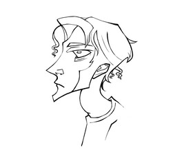 guy portrait in profile avatar stylized simplified face line drawing young man with long nose curly hair in triangle serious face cartoon character line art ink digital drawing barbershop logo