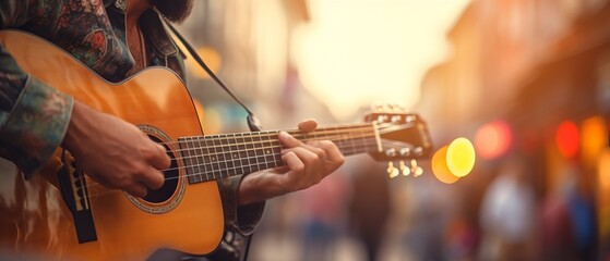 Obraz premium Close-Up of Street Musician Playing Guitar with Beautiful Blurred Background