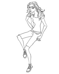 Line drawing of young teenage girl drinking coffee simple flat sketch hand drawn illustration clip art. Striped shorts, sneakers, T-shirt comic style character for sales for animation