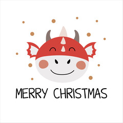 Holiday card with cute red dragon and lettering. Symbol of the year. Cartoon dragon in flat style.