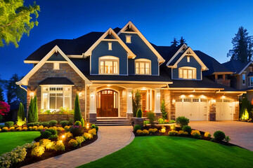 Home Exterior at Night: New Luxury House at Night with Deep Blue Sky, Three Car Garage, Columns, Gables, Green Lawn, Landscaping, and Driveway