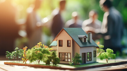 Miniature house with business meeting silhouette in background.