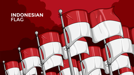 Vector illustration of Indonesian flag with cartoon style red and white color.