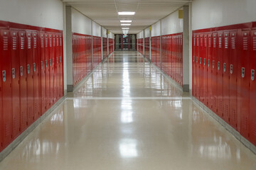 School hallway with red lockers