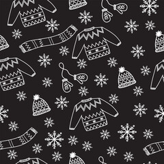 Winter seamless pattern. Warm clothes. Lineart. Christmas and New Year. Vector.
