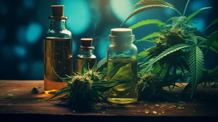 Fotobehang essential oil with herbs, cannabis leaves, marijuana © blaize