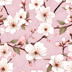 Seamless pink background pattern of pink Sakura blossom or Japanese flowering cherry symbolic of Spring in a random arrangement square format suitable for textile.