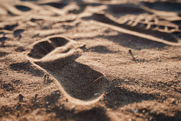 Fototapeta na wymiar A footprint on the sand by the sea at sunset