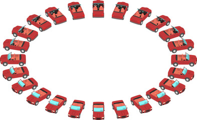 24 burgundy convertibles in an isometric view. A cars with a drop top and without a driver in different angles.