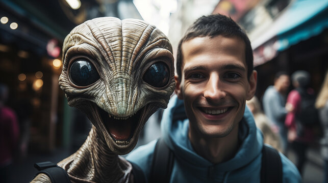 Futuristic portrait of joyful friendly alien, like a tourist is surprised to see the sights of a small European town